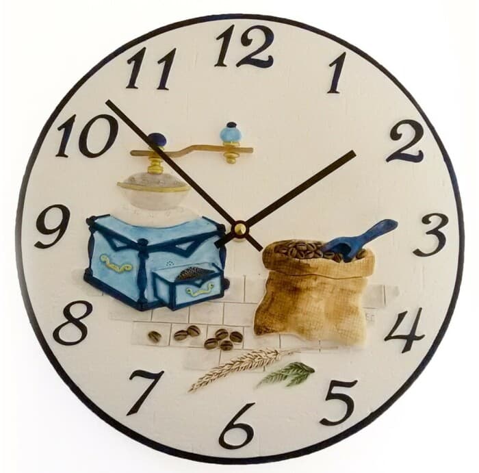 Horloge murale pour cuisine en céramique décor moulin à café bleu