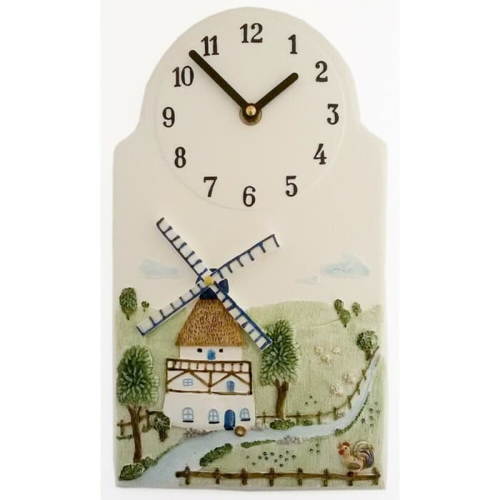 Horloge murale pour cuisine en céramique décor moulin bleu et campagne
