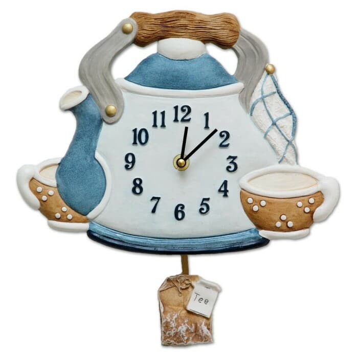 Horloge murale pour cuisine en céramique forme théière bleue