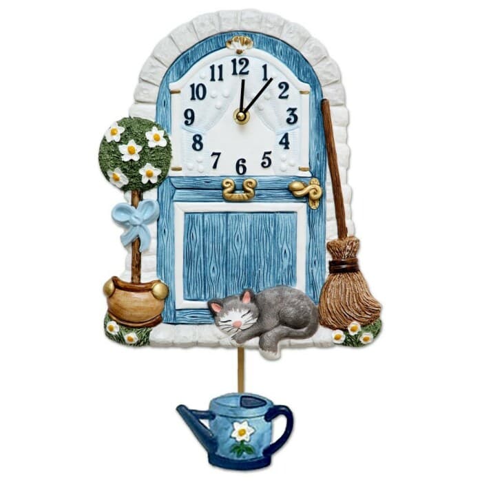 Horloge de cuisine en céramique décor porte de jardin et balancier arrosoir