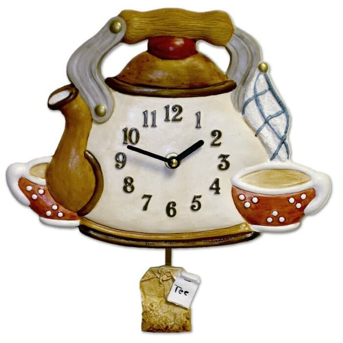 Horloge murale pour cuisine théière en céramique avec balancier sachet de thé